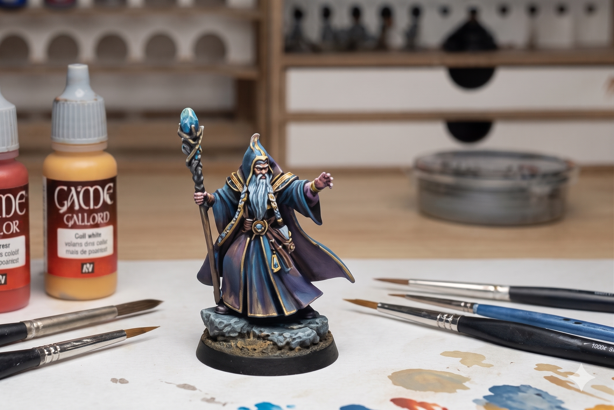 Painted miniature tabletop wizard figurine